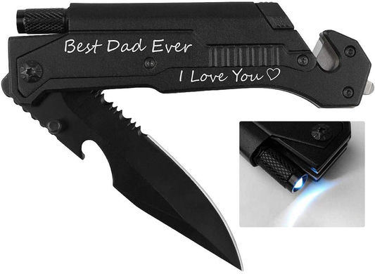 Skorter | Engraved pocket knife, Best dad ever, Dad pocket knife for men with 6 functions, LED light, fire starter, bottle opener, seatbelt cutter, glass breaker