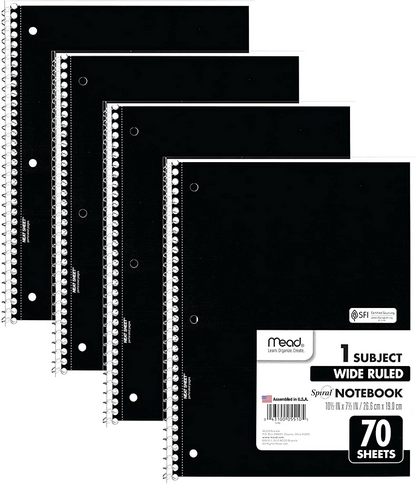 Skorter | Mead Spiral Notebooks, Wide Ruled Paper, Black, 4 Pack