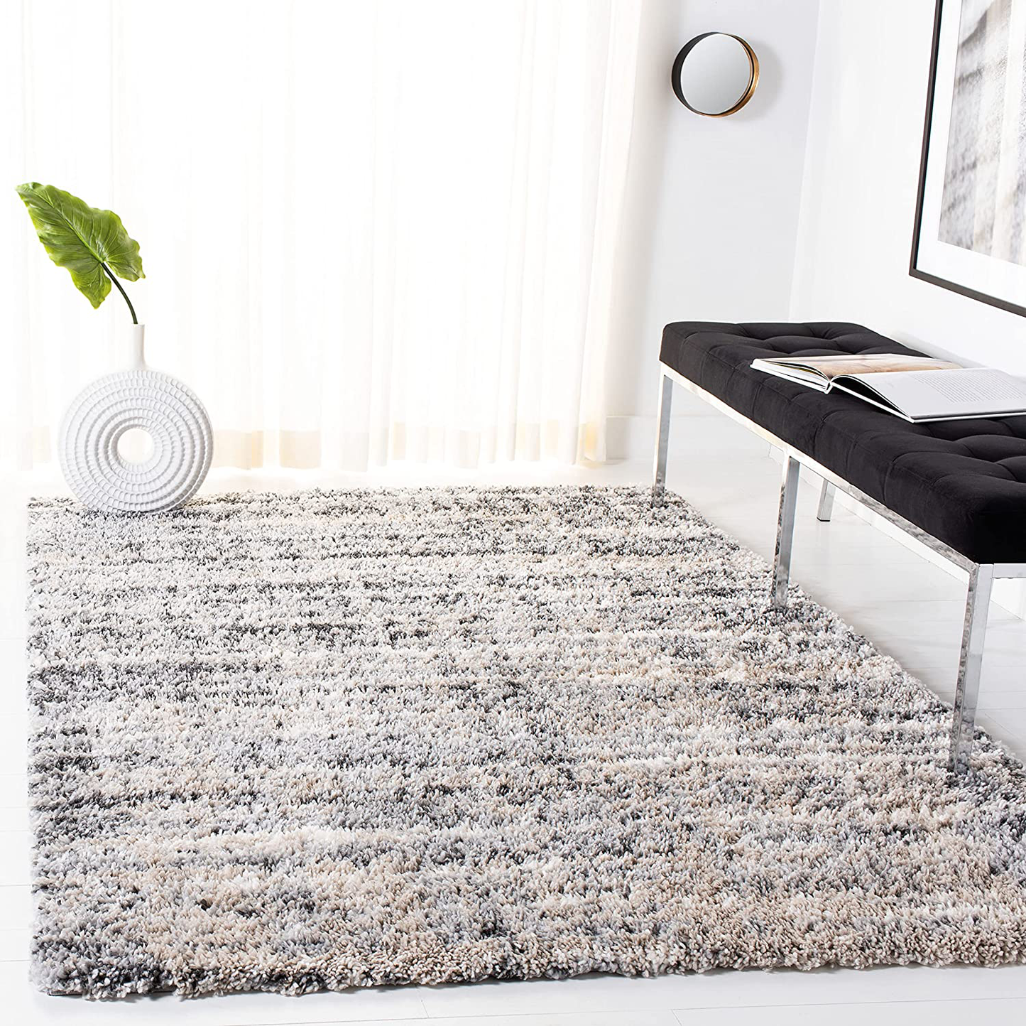 Skørter | SAFAVIEH Fontana Shag Collection FNT856G Modern Non-Shedding Living Room Bedroom Dining Room Entrance Curtain 2-inch Thick Area Rug, 3' x 5', Gray / Ivory