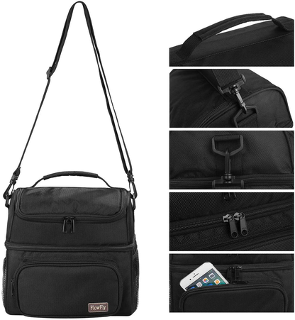 Skorter | Flowfly Adult Lunch Bag Insulated 2 Spacious Compartments Thermal Lunch Box Large Reusable Double-Decker Tote Cooler Bag With Removable Shoulder Strap For Men Women Children, Black