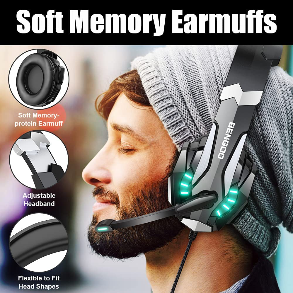 Skorter | Bengoo G9000 Stereo Gaming Headset For Ps4 Pc Xbox One Ps5 Controller, Noise-Cancelling Over-Ear Headphones With Microphone, Led Light, Bass Surround, Soft Memory Earmuffs For Laptop Mac - Black