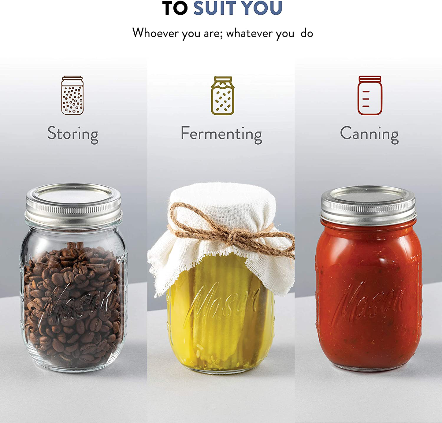 Skorter | Regular Mouth Glass Mason Jars, 16-Ounce Glass Canning Jars With Silver Metal Tight Lids And Bands With Measurement Marks, For Preserving, Storage, Meal Prep, Overnight Oats, Jam, Jelly, (10 Pack)