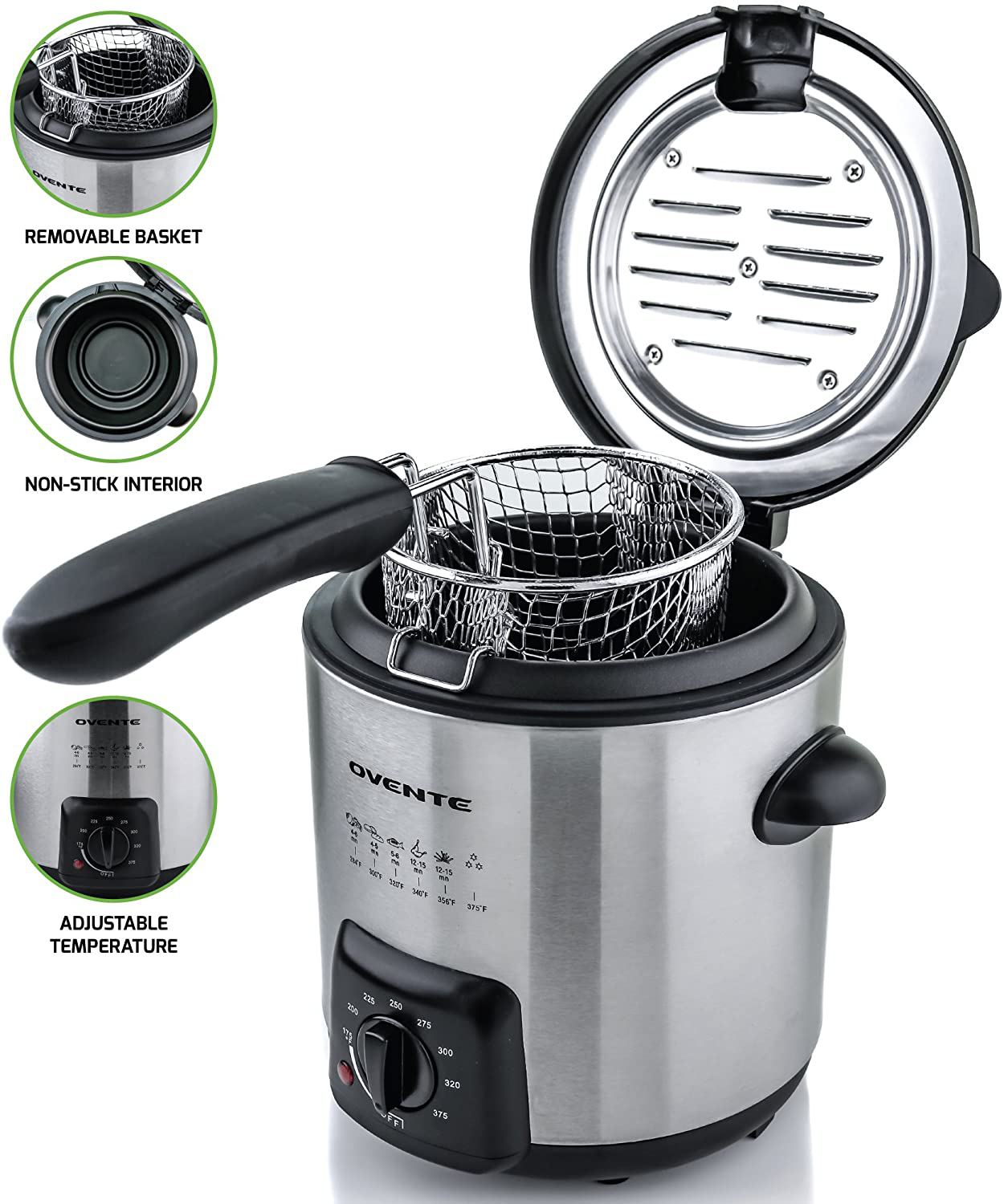 Skørter | Ovente Electric Oil Fryer 0.9 Liter with Stainless Steel Basket and Temperature Control, 840 Watt Power with Heating Element, Perfect for Chicken Fries Compact & Easy Storage, Silver FDM1091BR