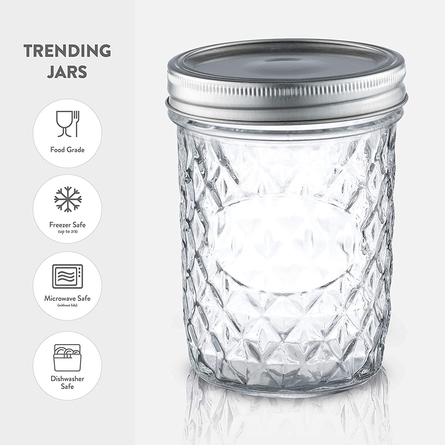 Skorter | Checked Wide Mouth Glass Mason Jars - 16-Ounce (6-Pack) Canning Jars with Lids and Bands, Table Markers, for Canning, Preservation, Pickling, Meal Prep, Jam, Jelly, Overnight Oats, Dishwasher Safe