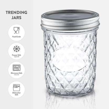Skorter | Checked Wide Mouth Glass Mason Jars - 16-Ounce (6-Pack) Canning Jars with Lids and Bands, Table Markers, for Canning, Preservation, Pickling, Meal Prep, Jam, Jelly, Overnight Oats, Dishwasher Safe