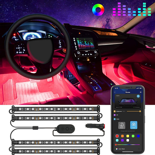Skorter | Govee Interior Car Lights, LED Car Strip Lights with 2 Lines Waterproof Design, 48 LEDs App Control Car Light Kit, DIY Mode and Music Sync Under Dash Car Lighting with Car Charger, DC 12V