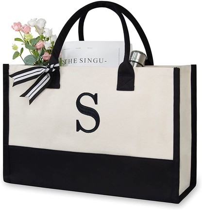 Skorter | Personal Initial Canvas Beach Bag, Monogram Gift Tote Bag for Women