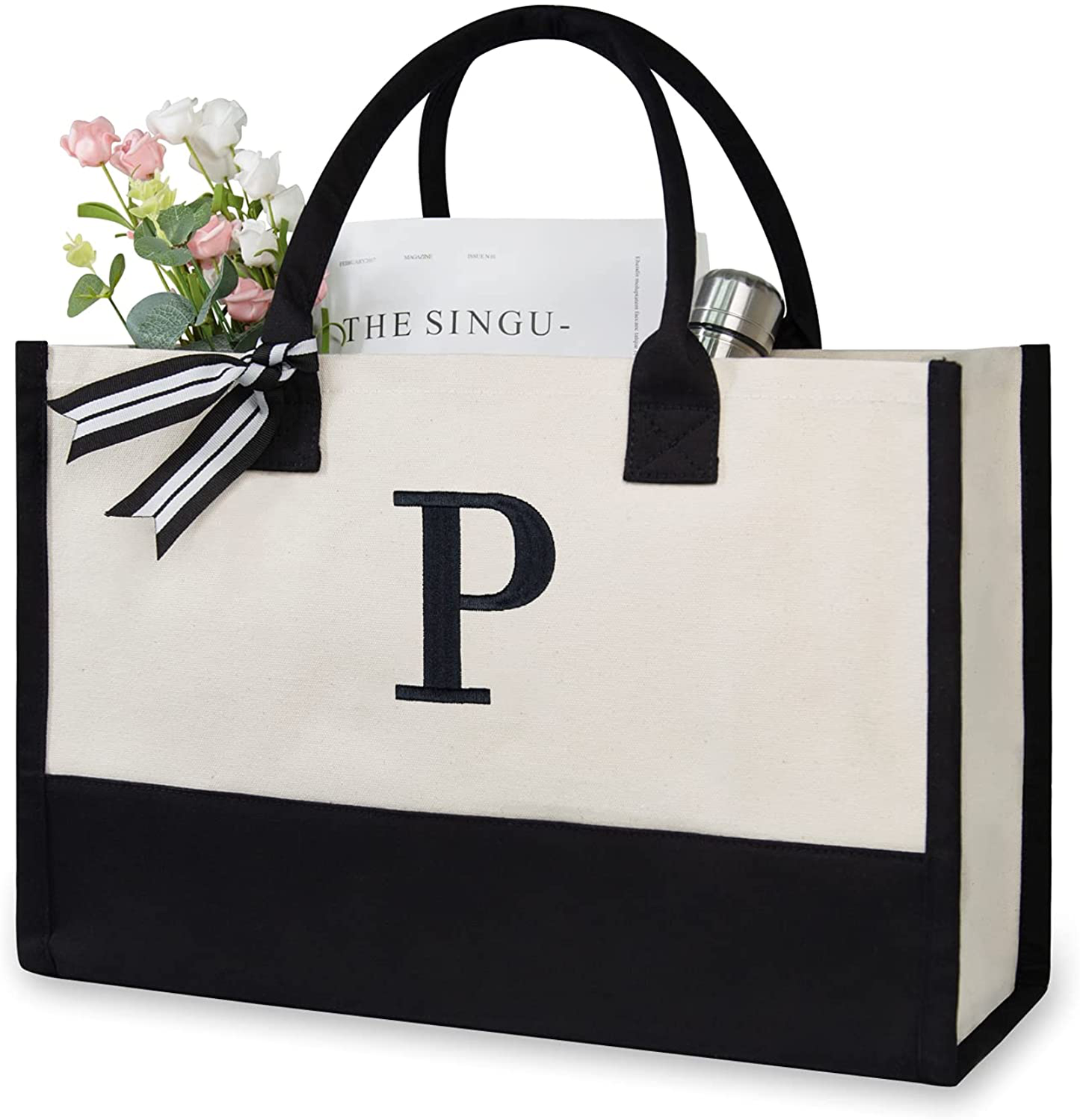 Skorter | Personal Initial Canvas Beach Bag, Monogram Gift Tote Bag for Women