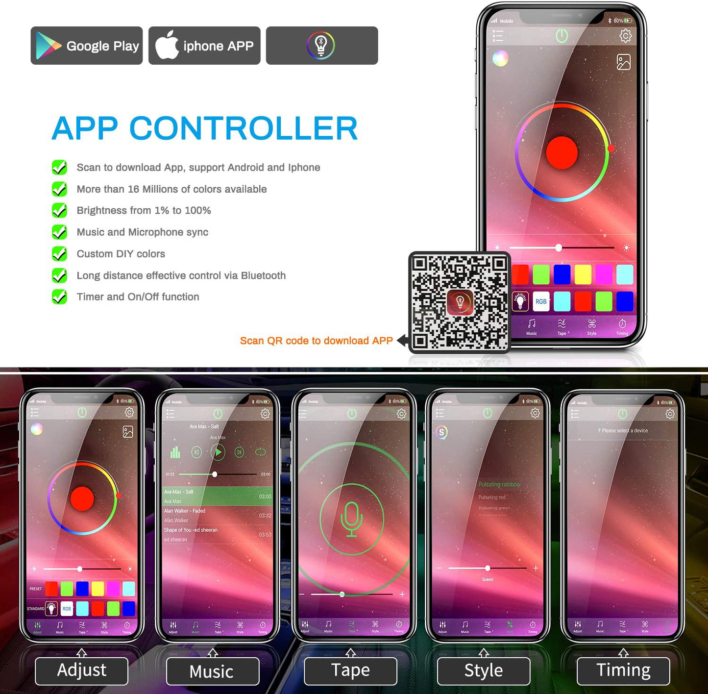 Skørter | Interior Billys, Upgrade 2-in-1 Design DC 12V Sound Activated 48 LED Car Strip Lights, Box Control, Remote Control and APP Control Lighting Set for All Vehicles, Mounting, Indoor/Outdoor