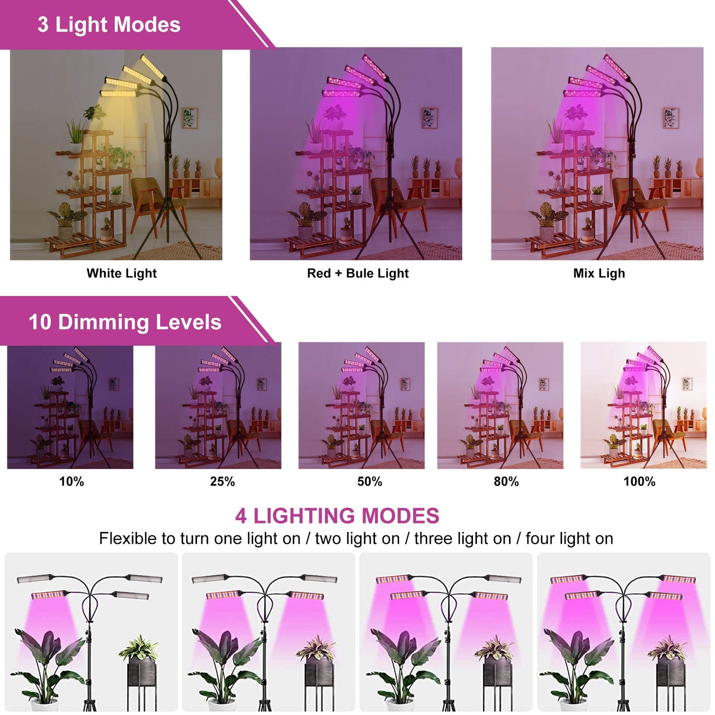 Skorter | Leclstar 300W LED Grow Light For Indoor Plants, Full Spectrum, Adjustable Stand, Timer, Dual Controls