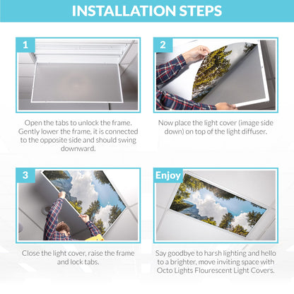 Skorter | Octo Light Fluorescent Light Covers - 2X4 Wood Mountain Sky - Focusing & Headache Relief