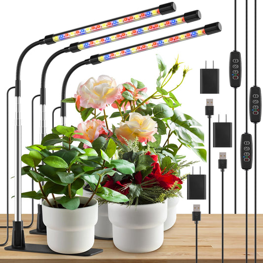 Skorter | Lpmzmbl Growth Light, LED Plant Lighting For Indoor Plant Growth, Full Spectrum Desk Grow Lamp With Base, 10 Dimmable Levels, Plant Light With Automatic Timer For 3/9/12H, Height Adjustable 6.5"-26" (3 Pack)