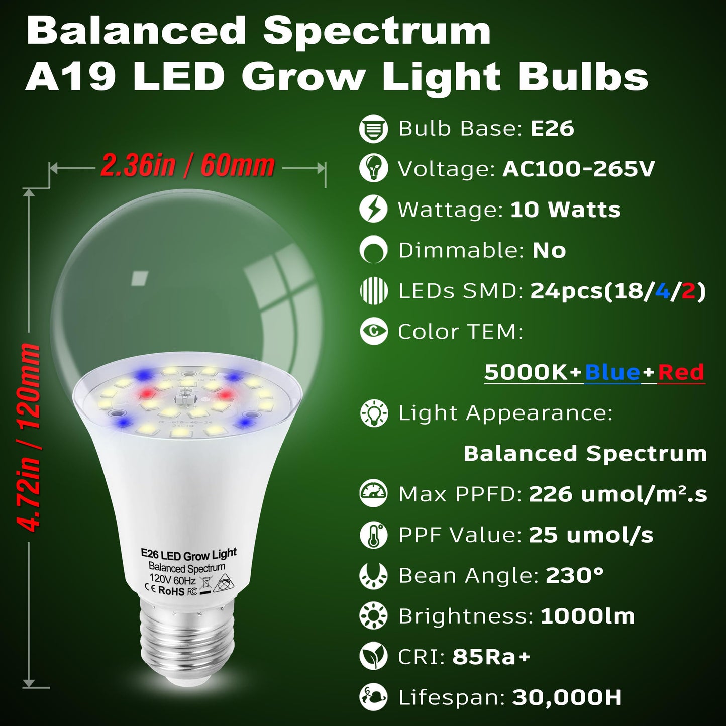 Skorter | Alide E26 LED Plant Growth Light Bulbs, Full Spectrum 5000K, 100W Equivalent, 6 Pack