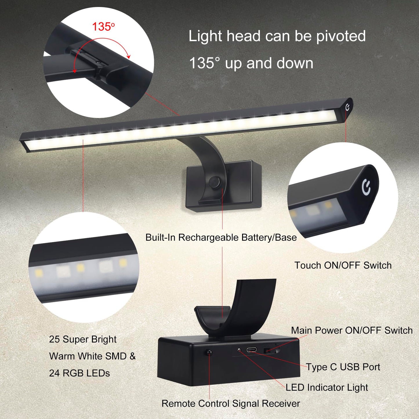 Skorter | Bigmonat 16" Wireless LED Picture Lighting, Remote Control, USB Rechargeable, Dimmable, Color Changeable