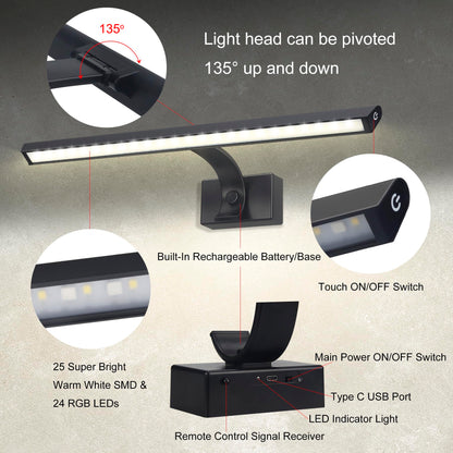 Skorter | Bigmonat 16" Wireless LED Picture Lighting, Remote Control, USB Rechargeable, Dimmable, Color Changeable