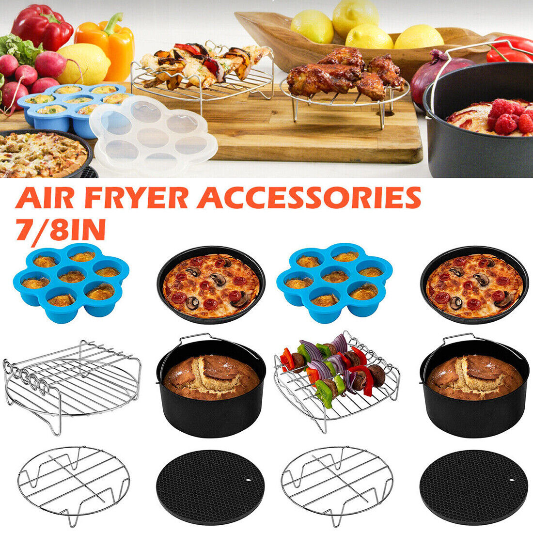 Skorter | 6Pcs 8inch Round Air Fryer Accessories Baking Tray Basket Rack Chip Pizza Pan -