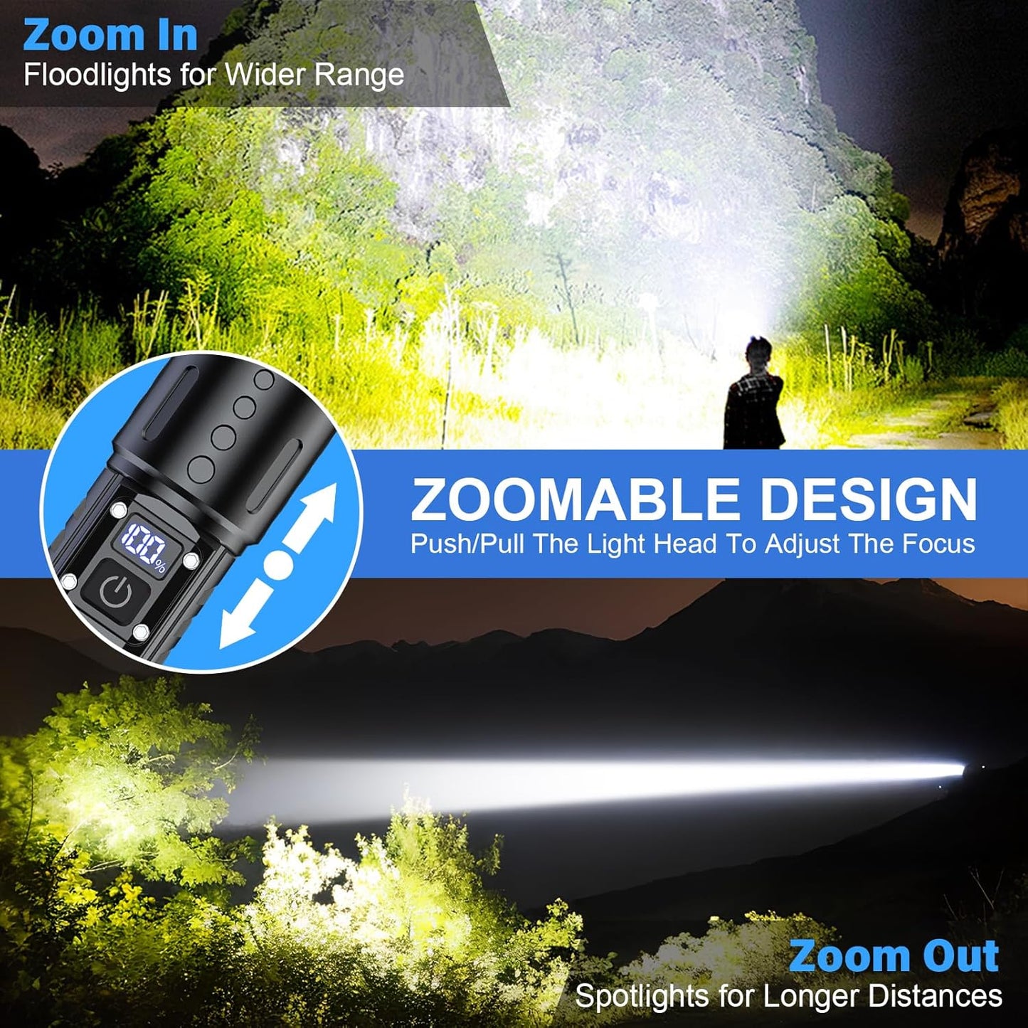 Skorter | 100,000 Lumen Rechargeable LED Flashlight | Waterproof, Impact-Resistant & Ideal for Hiking, Emergencies & Power Outages