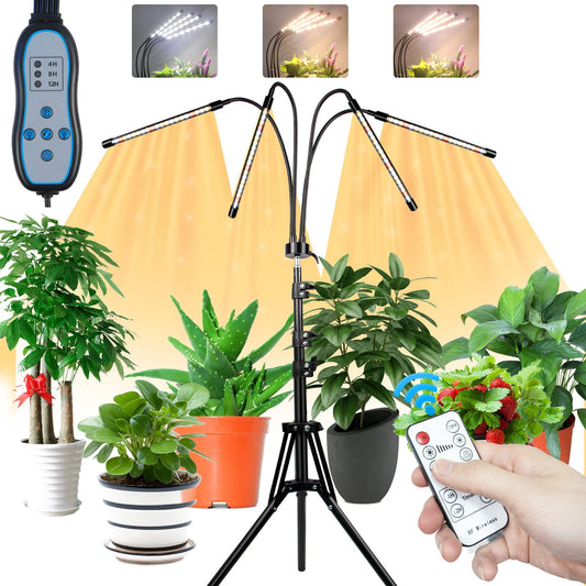 Skorter | Growstar Plant Growth Light with Stand, 4 Heads Full Spectrum Grow Lamps with 15-63" Adjustable Stand, 4/8/12H Timer, 3 Switch Modes, Indoor Plant Light with Remote Control