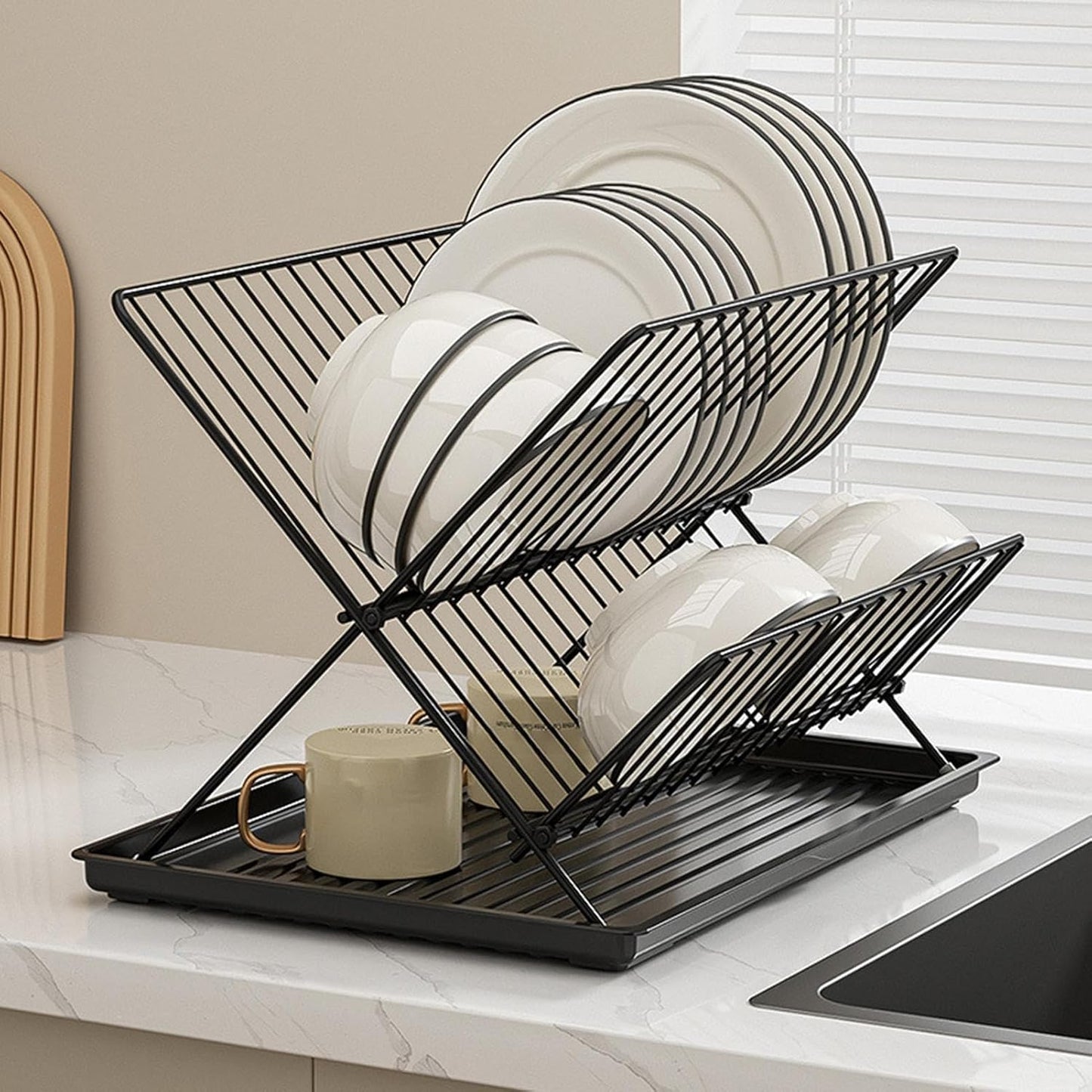 Skorter | Folding Dish Drying Rack – 2-Tier Countertop Drainer with Detachable Tray – Kelvra