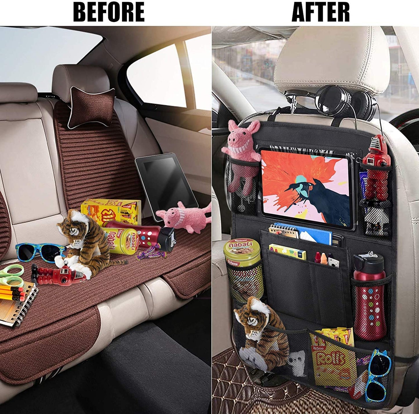 Skørter | ULEEKA Backseat Organizer with 10" Cup Holder, 9 Storage Pockets Backseat Protectors Kick Mats for Kids Toddlers, Travel Gear, Black, 2 Pack