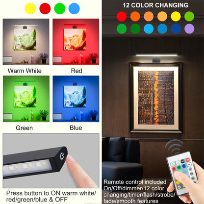 Skorter | Bigmonat 16" Wireless LED Picture Lighting, Remote Control, USB Rechargeable, Dimmable, Color Changeable