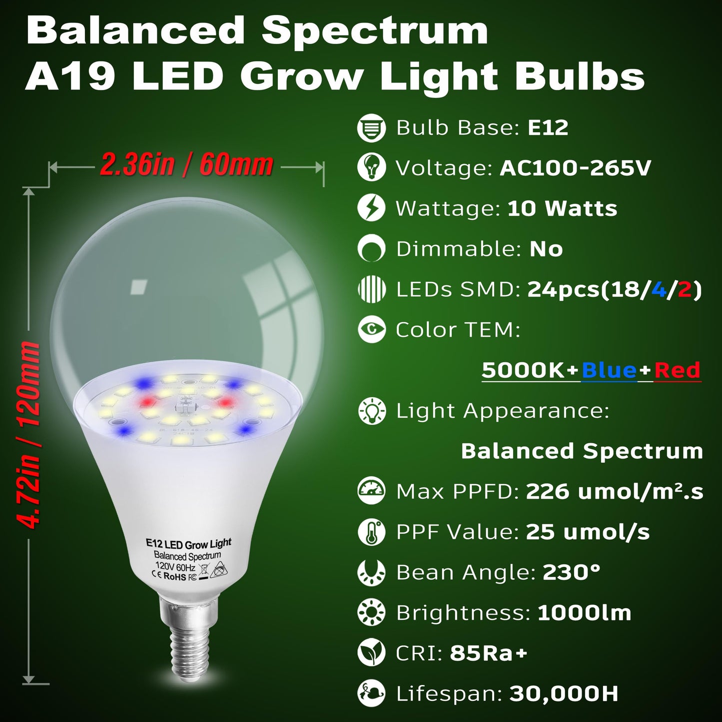 Skorter | Alide Growth Light Bulbs E12, 10W Full Spectrum Led, 5000K Red Blue For Indoor Plants, 6