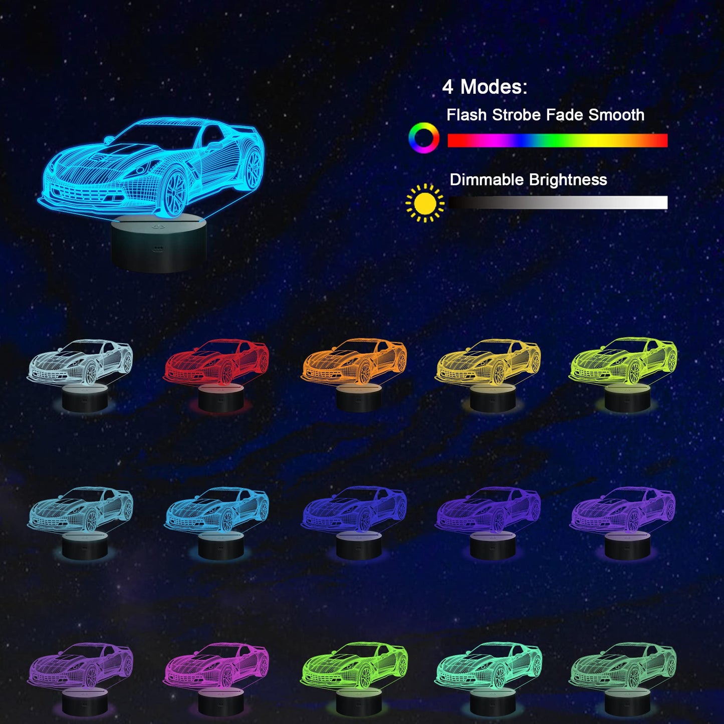 Skorter | Yuandian 3D Led Racing Car Night Light - 16 Colors, Usb & Battery, Touch Control, Gift For Men