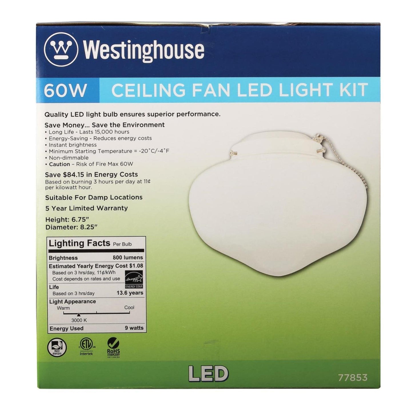 Skorter | Westinghouse Led Schoolhouse Light Kit, Indoor/Outdoor Ceiling Fan, White Finish, Opal Glass