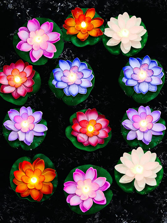 Skorter | Hortsun 12 Pcs Led Lotus Floating Pool Light - Multicolored Lily Pad Lanterns, 5.91 Inches