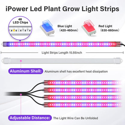Skorter | Ipower 60W Led Grow Lights - Full Spectrum Plant Strips, Auto Timer, 10 Dimmable Levels, 4 Tub