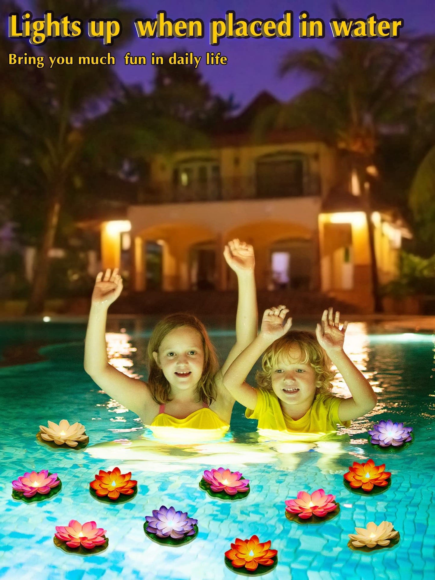 Skorter | Hortsun 12 Pcs Led Lotus Floating Pool Light - Multicolored Lily Pad Lanterns, 5.91 Inches