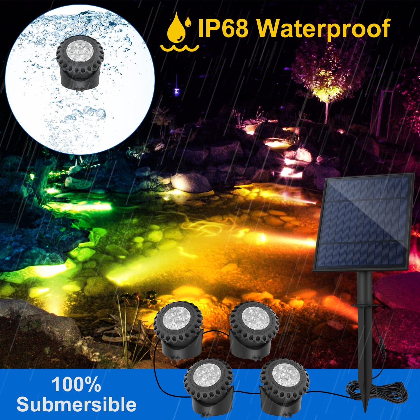 Skorter | T-Sun Rgb Solar Pool Light - 4 Head Led Underwater Color Change For Garden Pond Fountain