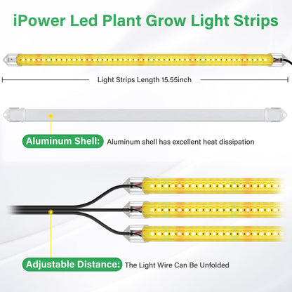 Skorter | Ipower 40W Led Grow Light Strips, Full Spectrum, Timer, 10 Dimmable Levels, Yellow, 2-Pack