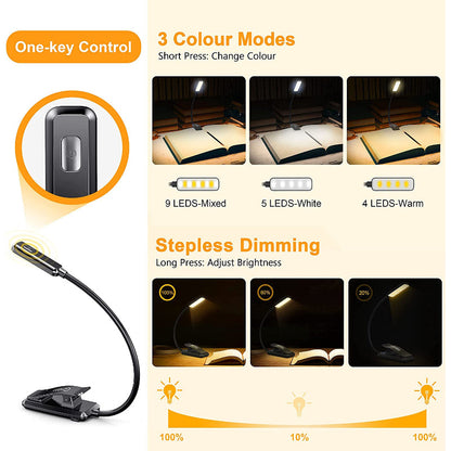 Skorter | Buy 9 LED USB rechargeable reading lamp for reading in bed - eye-friendly, stepless dimmable | Small lightweight clip-on reading lamp