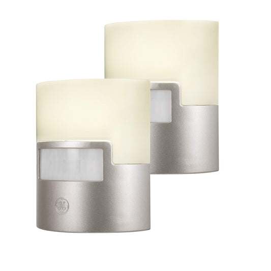 Skorter | Ge Led Motion Sensor Night Light, 40 Lumens, Soft White, Energy Efficient, 2 Pack, Silver