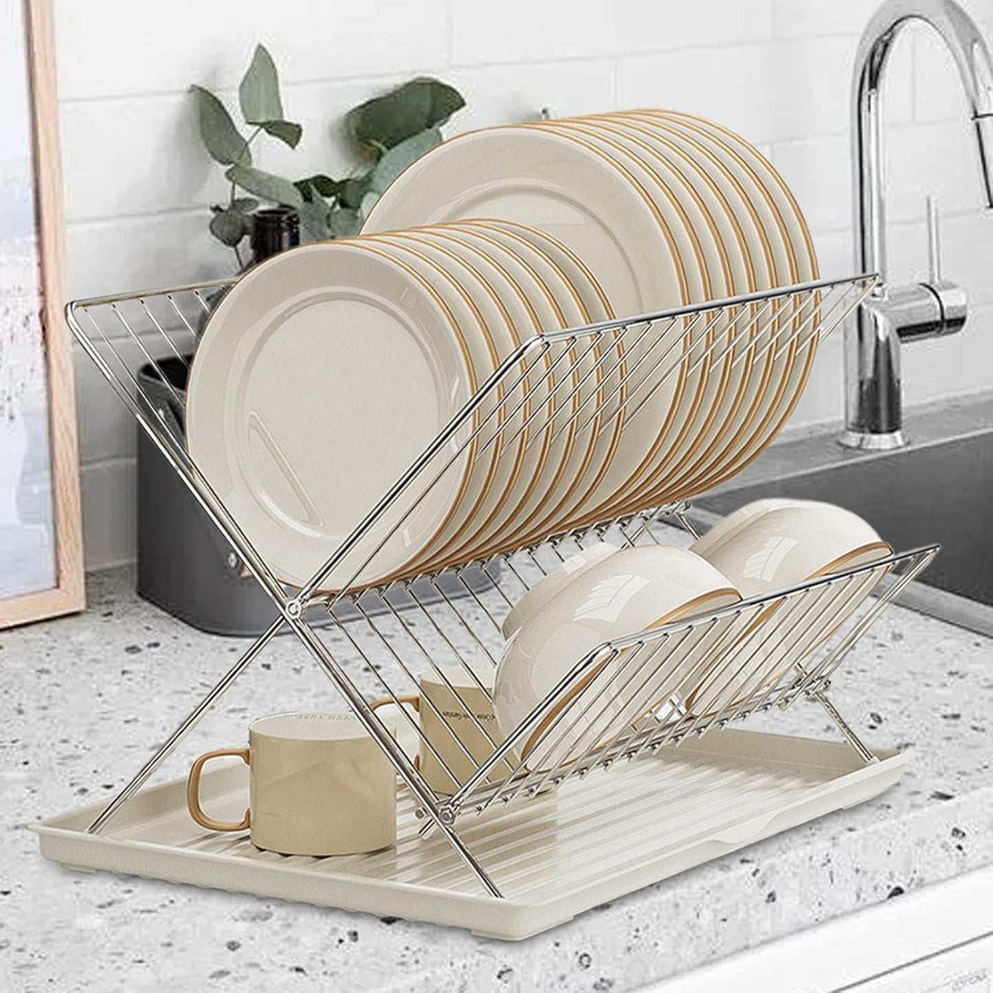 Skorter | Folding Dish Drying Rack – 2-Tier Countertop Drainer with Detachable Tray – Kelvra