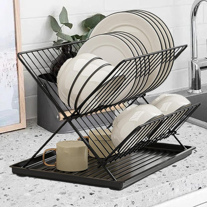 Skorter | Folding Dish Drying Rack – 2-Tier Countertop Drainer with Detachable Tray – Kelvra