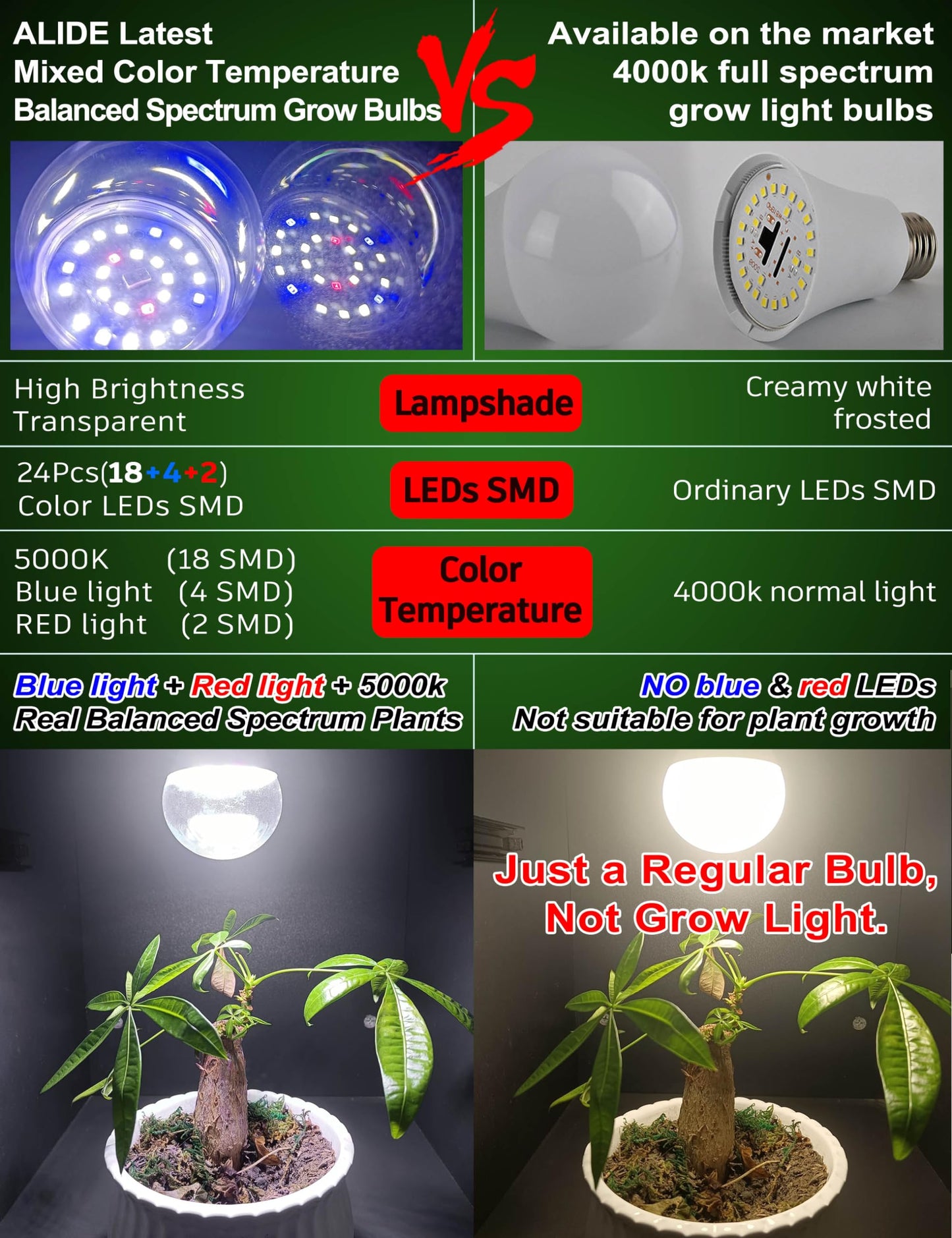 Skorter | Alide Growth Light Bulbs E12, 10W Full Spectrum Led, 5000K Red Blue For Indoor Plants, 6