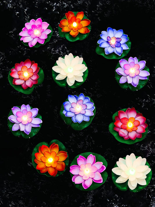 Skorter | Hortsun 12 Pcs Led Floating Pool Lights - Lotus Lanterns, Multicolor, 3.94 Inches, Battery Powered