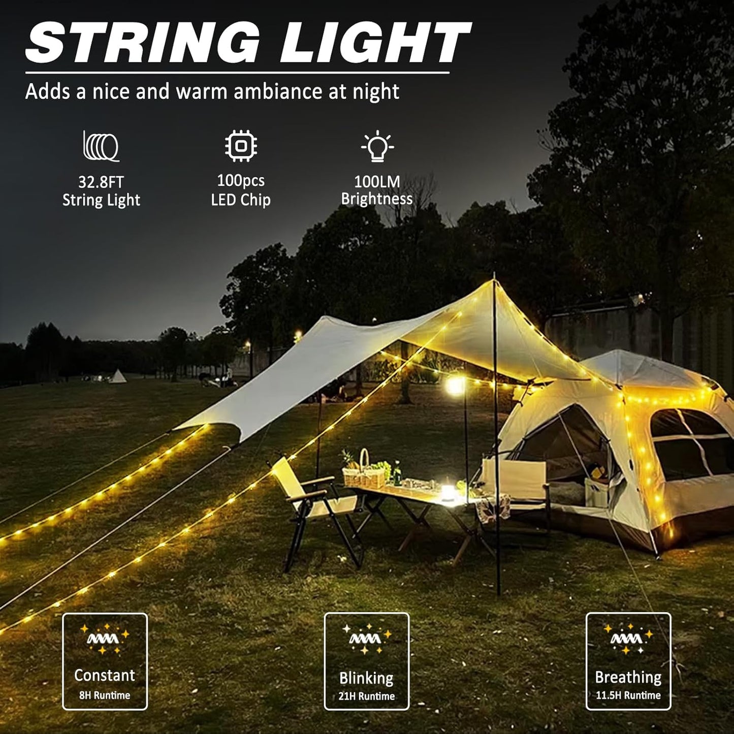 Skorter | Portable LED Camping String Light – USB Rechargeable Waterproof Fairy Lights for Outdoor & Indoor Use (10m)