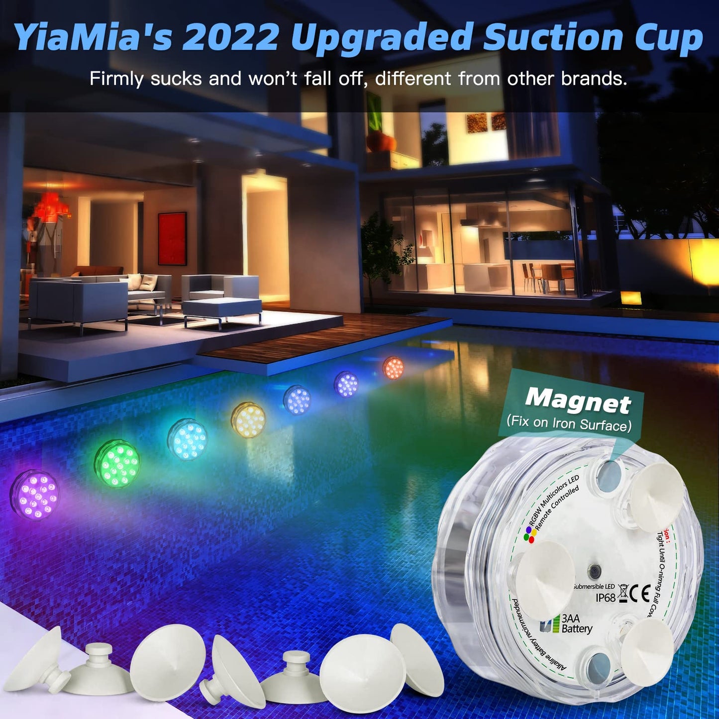 Skorter | Yiamia Underwater LED Pool Light With Remote Control, 16 Colors, Waterproof, Upgraded Suction Cups