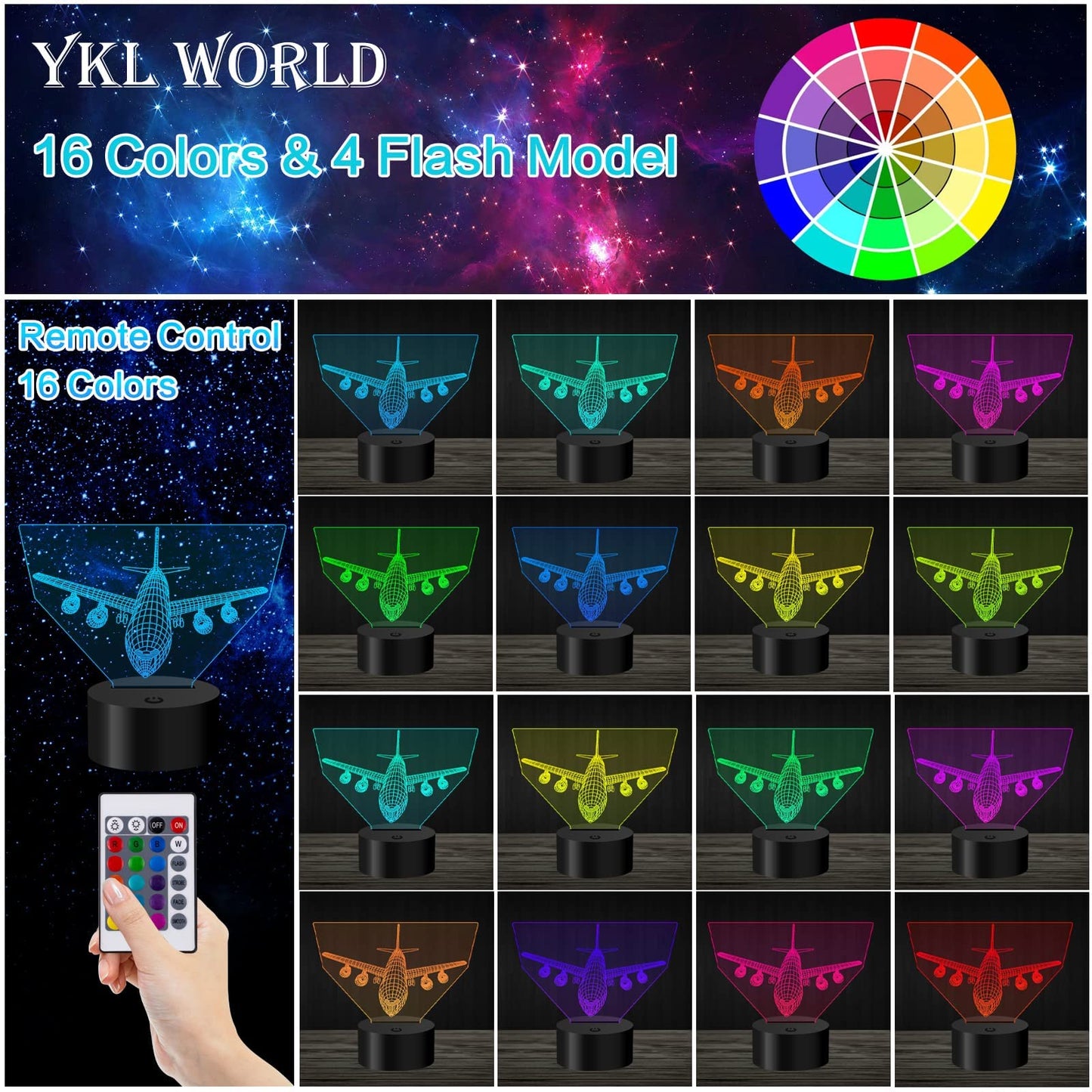 Skorter | Yklworld 3D Fly Night Light, 16 Color Changing Led Lamp, Touch Control & Remote Control, Gift For Children
