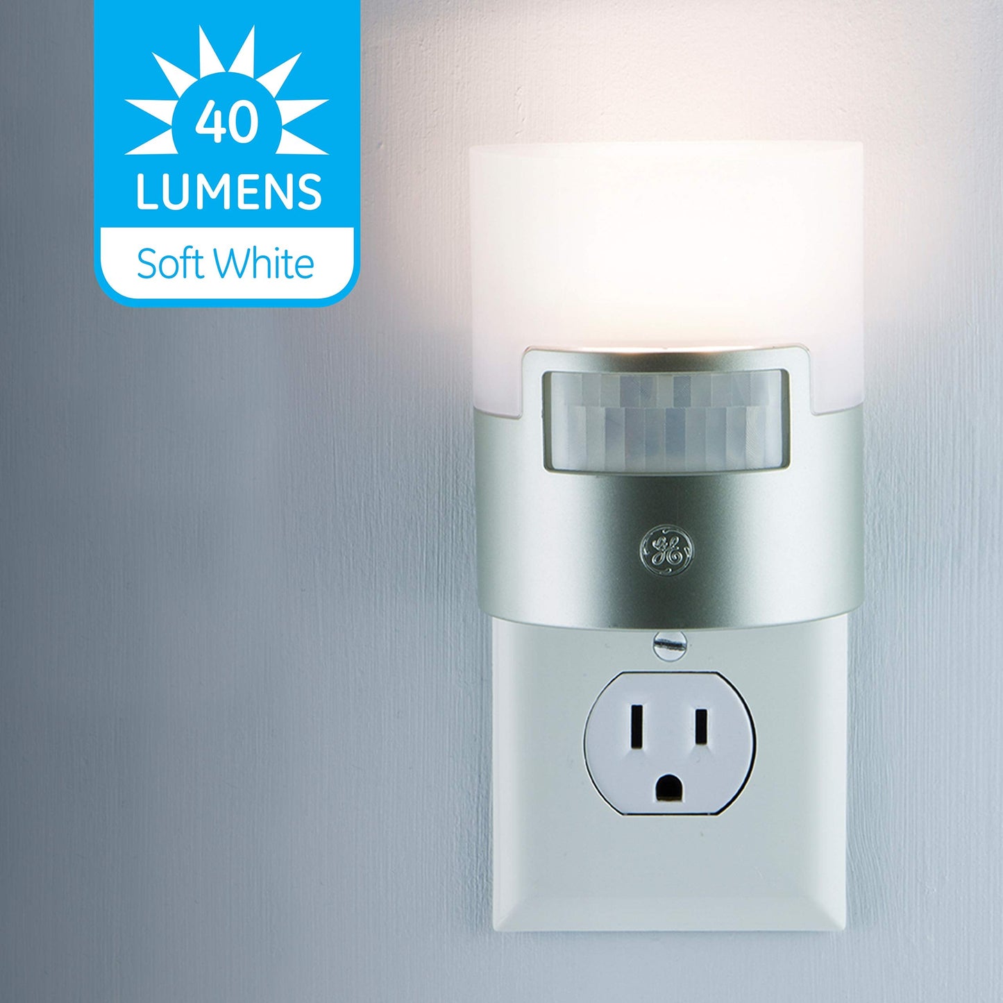 Skorter | Ge Led Motion Sensor Night Light, 40 Lumens, Soft White, Energy Efficient, 2 Pack, Silver