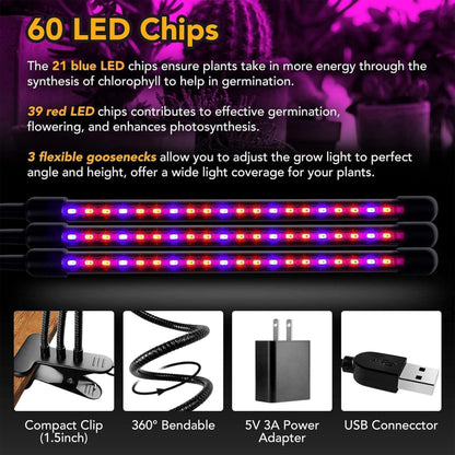Skorter | Ipower 60 Led Grow Light - Full Spectrum, 3 Tubes, Adjustable Goose Neck Mount, 10 Dimmable Levels