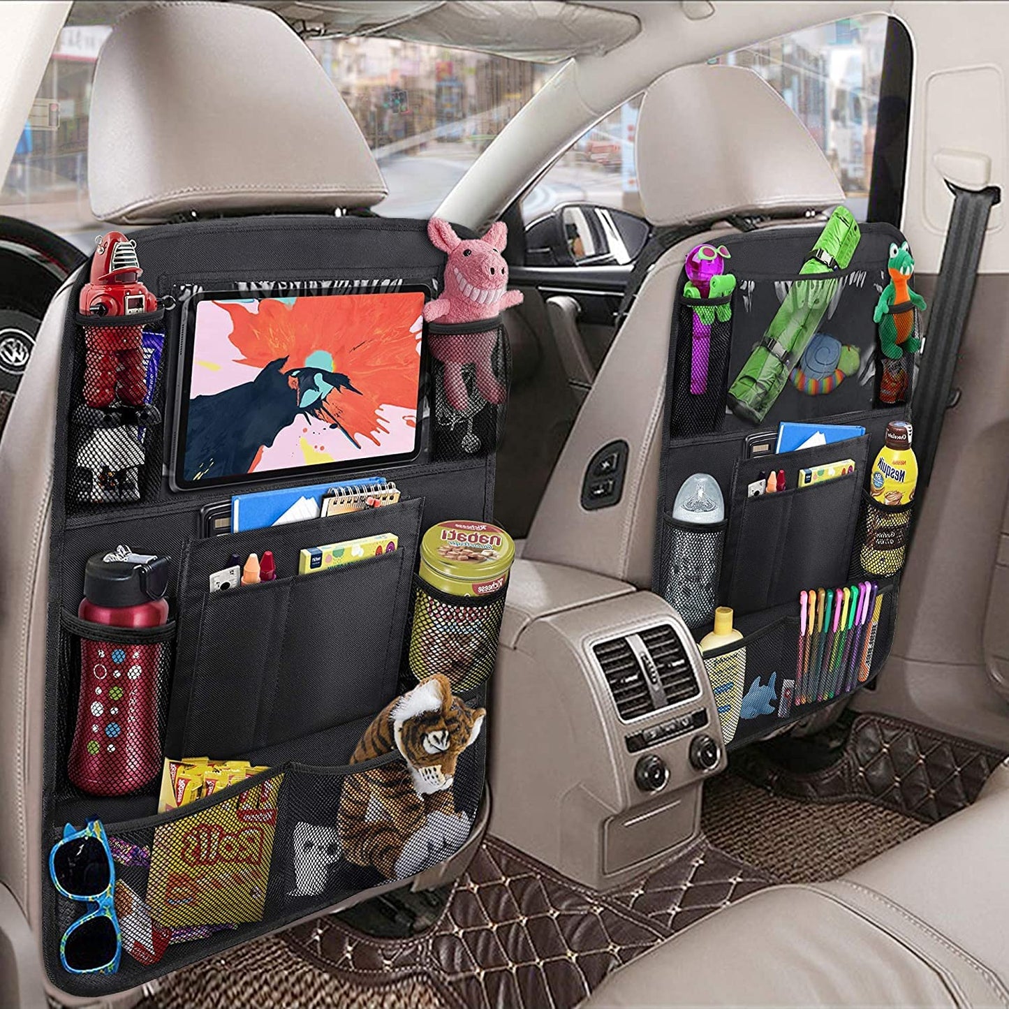 Skørter | ULEEKA Backseat Organizer with 10" Cup Holder, 9 Storage Pockets Backseat Protectors Kick Mats for Kids Toddlers, Travel Gear, Black, 2 Pack