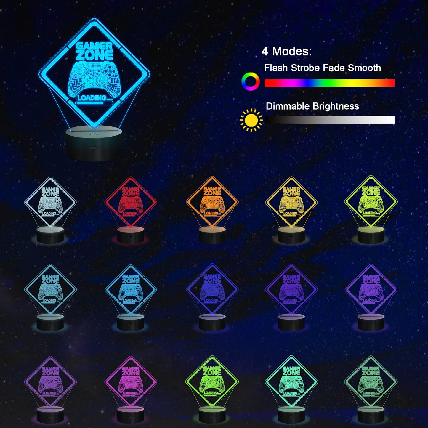 Skorter | Yuandian 3D Illusion Gamer Night Light - Multicolor Touch and Remote Control Lamp for Kids & Teens