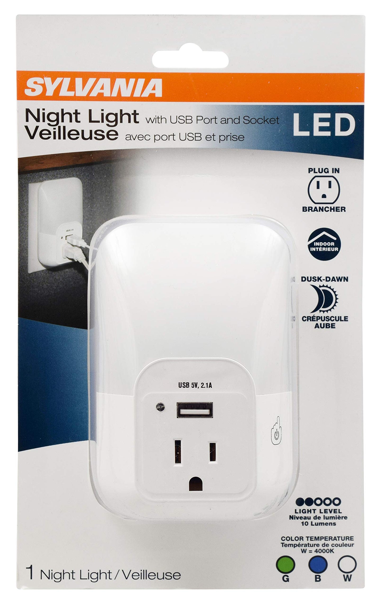Skorter | Sylvania Led Night Light With Usb Port, 3-Color Options, 3000K, 5 Lumen, Cold White