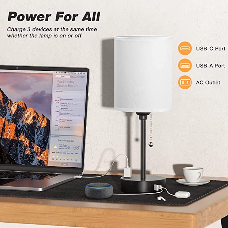 Skorter | Bedroom lamp - 3 Color Temperature, USB-C and USB-A Ports, Pull Cord Table Lamp with AC Outlet