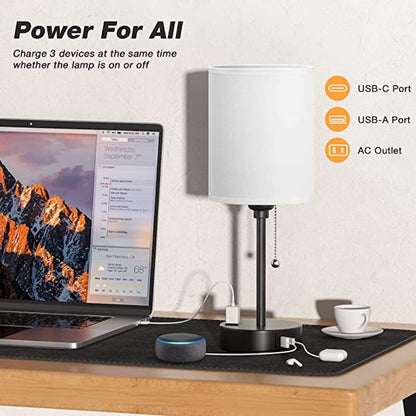 Skorter | Bedroom lamp - 3 Color Temperature, USB-C and USB-A Ports, Pull Cord Table Lamp with AC Outlet