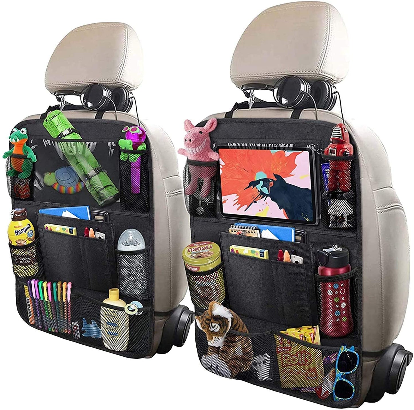 Skørter | ULEEKA Backseat Organizer with 10" Cup Holder, 9 Storage Pockets Backseat Protectors Kick Mats for Kids Toddlers, Travel Gear, Black, 2 Pack
